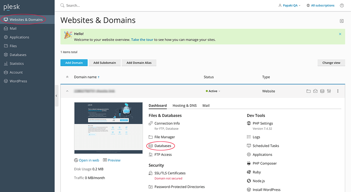 σελίδα websites & domains στο Plesk